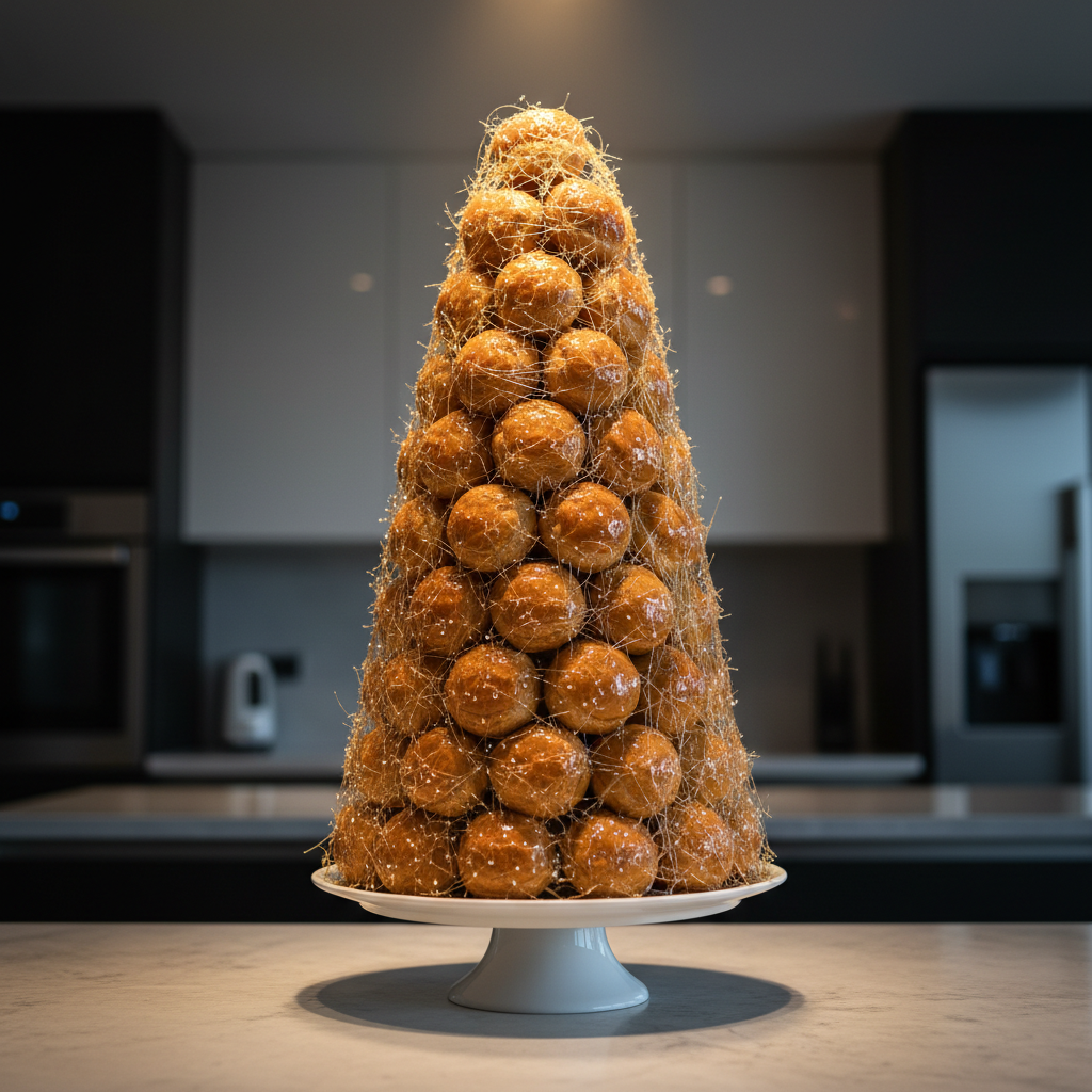 An intricate croquembouche tower composed of perfectly round, evenly glazed profiteroles, each coated in a thin, glassy caramel sheen that catches pinpoint reflections of light. Delicate threads of spun sugar form a gossamer cage around the structure, shimmering with a faint golden tint. The tower stands on a simple white porcelain cake pedestal atop a pale stone countertop. Gentle spotlighting from above and slightly behind creates luminous highlights on the caramel and sculptural shadows that emphasize the tower’s height. The background is softly blurred with hints of a modern, monochrome kitchen. Shot at a slightly low angle to enhance grandeur, the composition is centered and majestic. The overall effect is photorealistic, opulent, and almost magical, embodying high pastry artistry in a sophisticated, cinematic style.