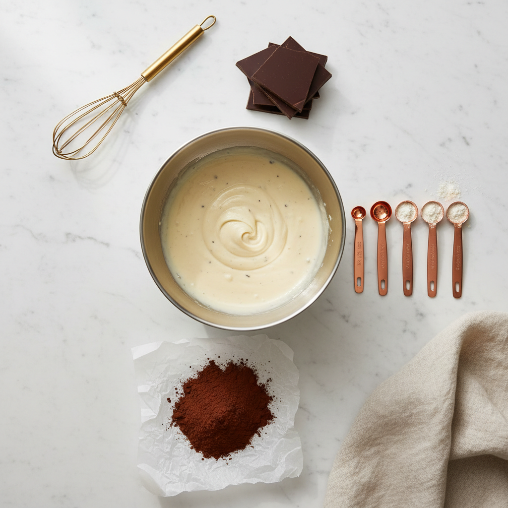 An artful overhead composition of precise pastry mise en place: a brushed steel mixing bowl with silky vanilla bean custard, a neatly arranged row of shiny copper measuring spoons dusted with flour, a mound of sifted cocoa on parchment, and a stack of glossy dark chocolate discs. Everything is laid out on a cool white marble workspace faintly veined with gray. Soft, diffused daylight from a skylight creates an even illumination, with subtle shadows defining each object’s form. A slender gold-handled whisk and a folded cream-colored linen add understated elegance. The photographic style is clean and editorial, with sharp focus across the frame and a minimalist color palette of whites, creams, and rich browns. The mood is calm, precise, and quietly magical, suggesting the sophisticated preparation behind exquisite pastries.