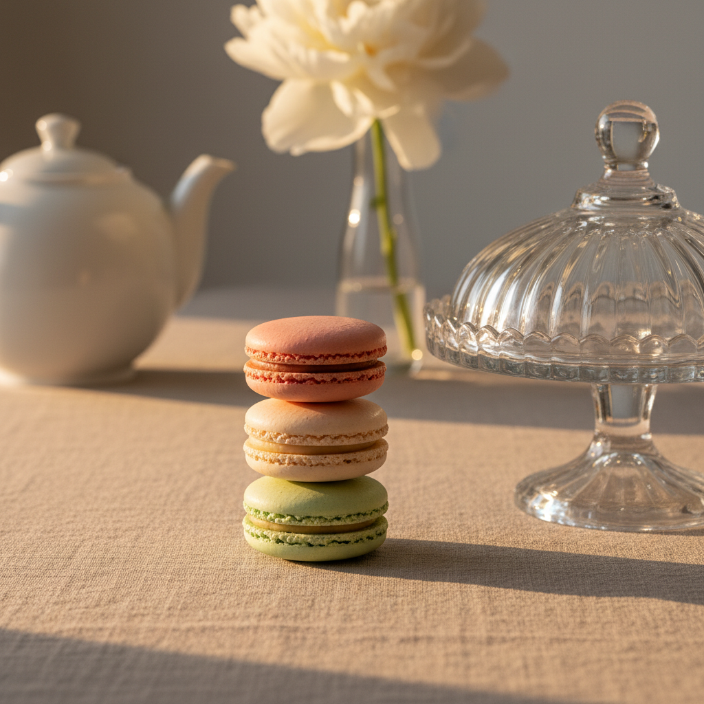 A meticulously arranged trio of French macarons in muted blush pink, champagne, and pistachio tones, stacked beside a crystal-clear glass cake stand on a pale taupe linen tablecloth. Each macaron shows its delicate feet and smooth, satin-like shell with a whisper of filling at the edges. Soft golden hour light streams from the left, catching the subtle shimmer of sugar and creating refined, elongated shadows. In the blurred background, an out-of-focus porcelain teapot and a single white peony in a narrow vase add gentle luxury. Captured at eye level with a shallow depth of field and centered composition, the photographic style is clean, refined, and modern, evoking a calm, sophisticated patisserie atmosphere.