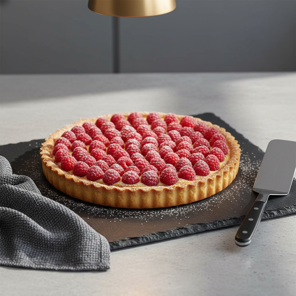 A perfectly baked raspberry tart with a burnished almond frangipane filling, encased in a crisp, golden pâte sucrée shell, displayed on a dark slate serving board. Juicy raspberries are arranged in concentric circles, lightly dusted with powdered sugar that catches the light like fine snow. The setting is a modern kitchen island with cool gray stone, a folded charcoal linen towel, and a polished stainless-steel offset spatula resting nearby. Overhead pendant lighting and subtle side window light combine to create nuanced highlights and soft shadows, emphasizing texture in the crust and berries. Photographed from a three-quarter angle with rule-of-thirds composition, the background gently blurs into soft grays. The mood is refined yet inviting, with high-end photographic realism and a quietly luxurious atmosphere.