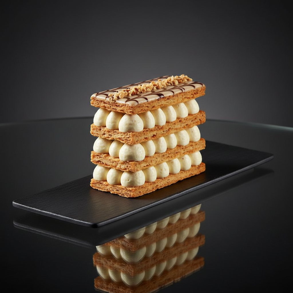 A tall, meticulously layered mille-feuille slice standing proudly on a thin, rectangular matte black plate, its alternating strata of caramelized puff pastry and vanilla bean diplomat cream perfectly aligned. The top layer is lacquered with a mirror-like glaze, delicately marbled with dark chocolate, and finished with a narrow stripe of crushed candied hazelnuts. The plate rests on a smoked-glass table with a faint reflection of the dessert visible below. Directional studio lighting from the right sculpts the crisp pastry edges and the airy cream, casting a refined, dramatic shadow. The background is a smooth charcoal gradient that softly falls into darkness, emphasizing the dessert as the hero. Captured at a low three-quarter angle with shallow depth of field, the photographic realism feels luxurious, modern, and decidedly sophisticated.